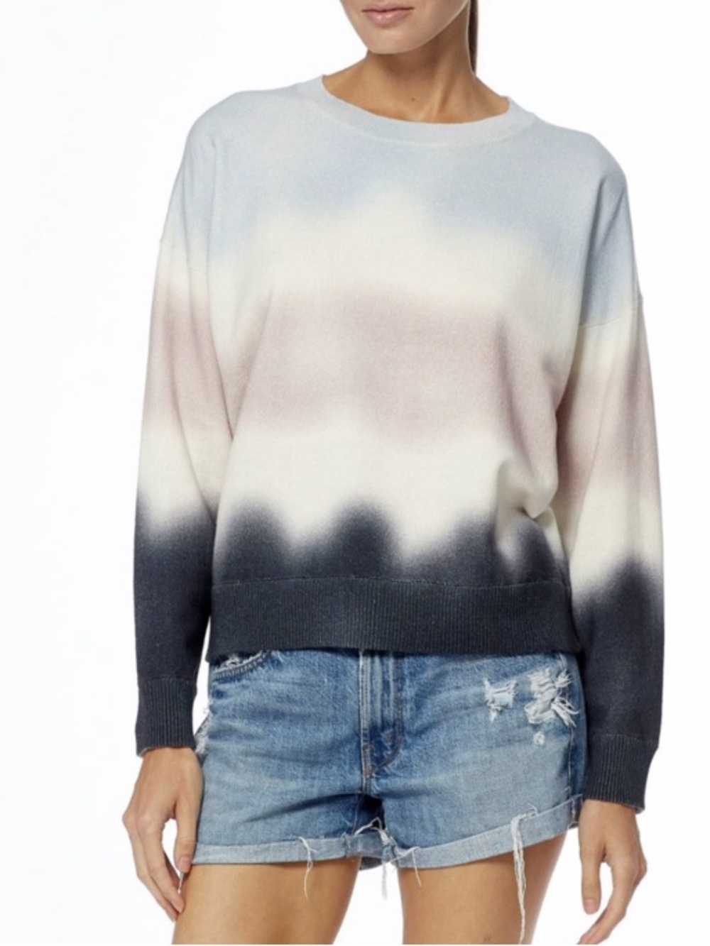 360 Cashmere Tamar Crewneck Dip Dye Ombré Sweater in Sea Foam / Navy / Multi